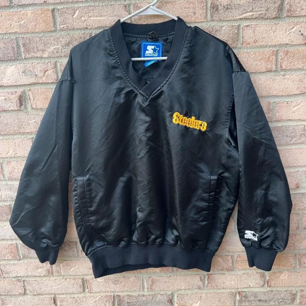 vintage 1990s black satin Pittsburgh Steelers Starter V-neck pullover Sz M
